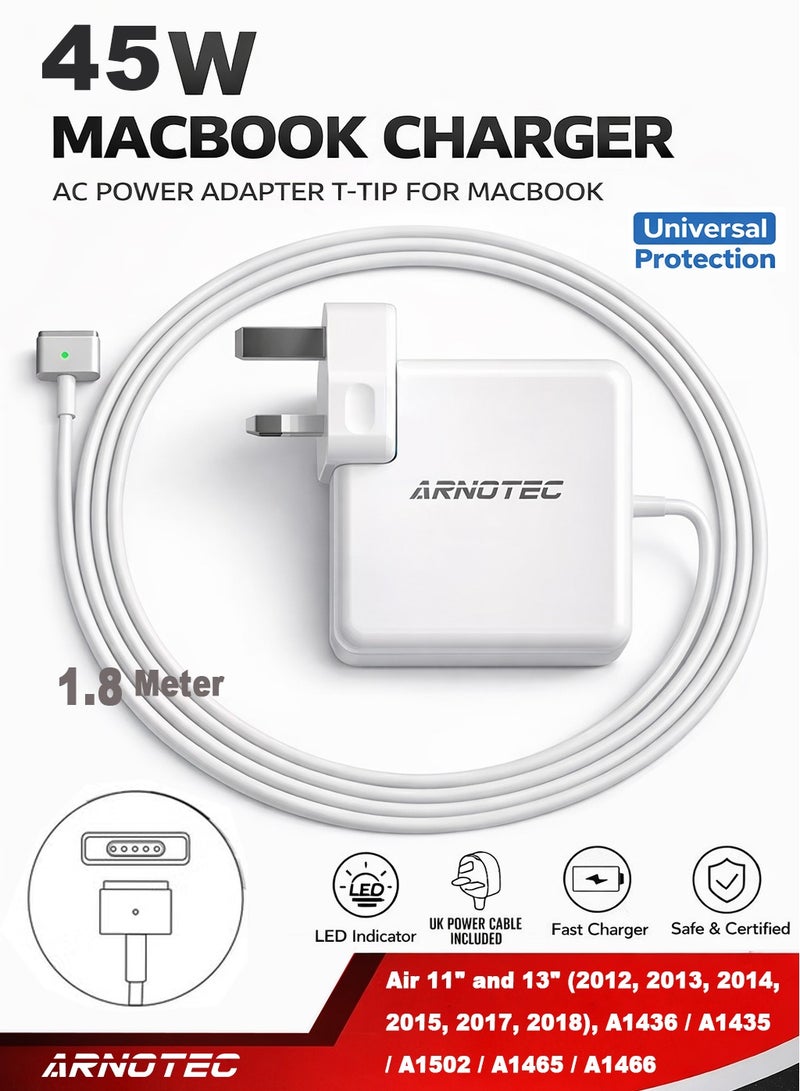 ARNOTEC MacBook Air 11" & 13" (2012 -2017) Charger UK Plug MagSafe 2 T-Tip Power Adapter - Image 1